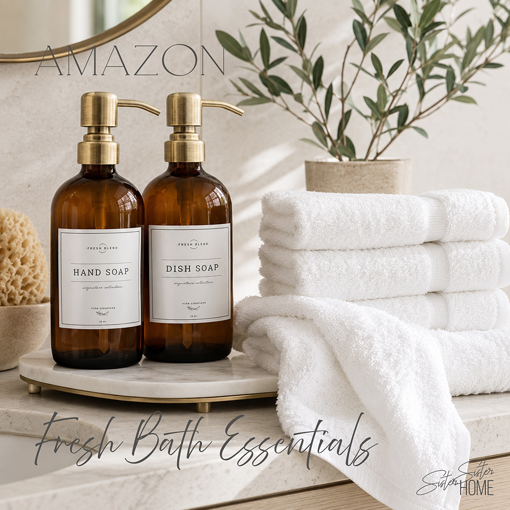 Fresh bath essentials styled with amber glass soap dispensers, white towels, eucalyptus stems, and a marble tray on a light bathroom vanity.