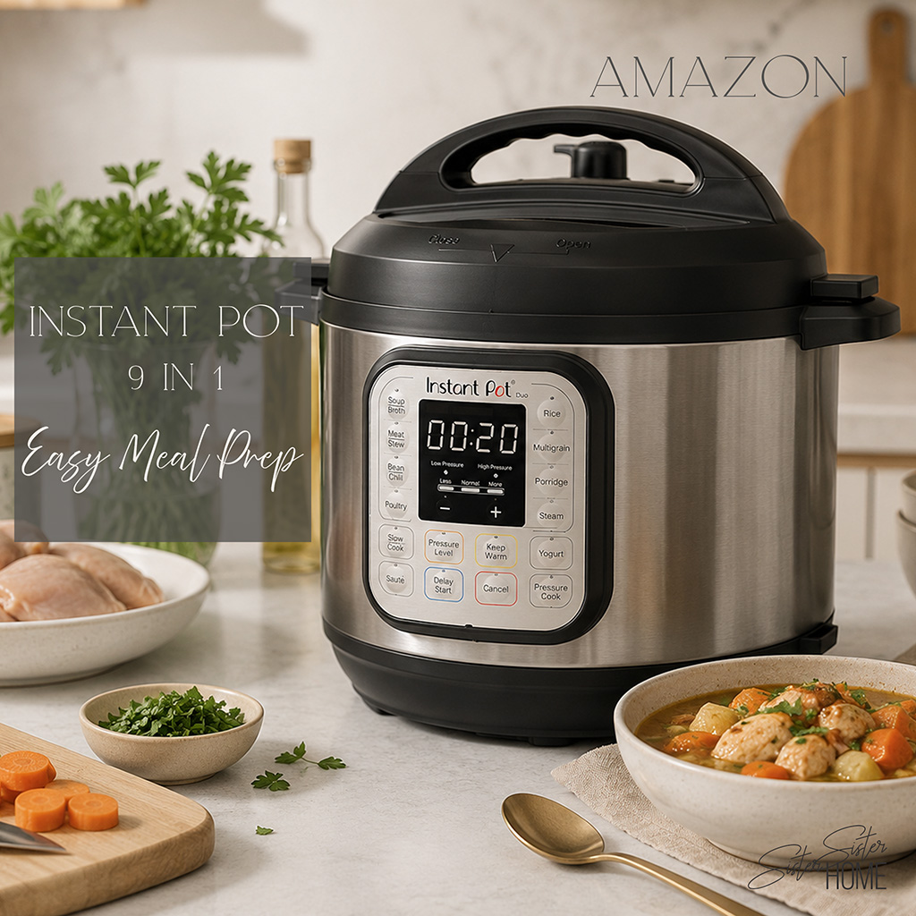 Instant Pot Duo Plus 9-in-1 multicooker styled in a modern kitchen with chicken, vegetables, herbs, and a finished meal.
