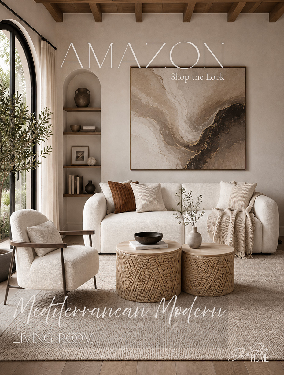 Mediterranean modern living room with cream sofa, boucle accent chair, woven round coffee tables, neutral rug, olive tree, abstract wall art, and warm wood ceiling beams.