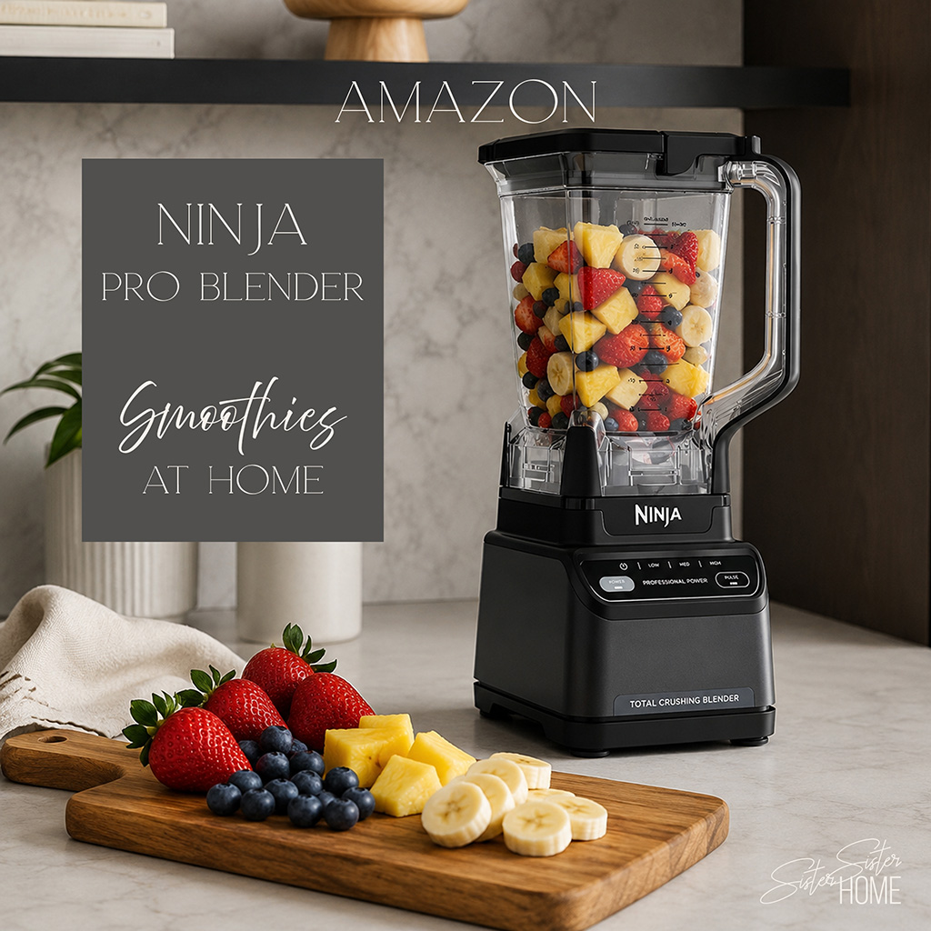 Ninja Professional Blender styled in a modern kitchen with fresh fruit for smoothies at home.