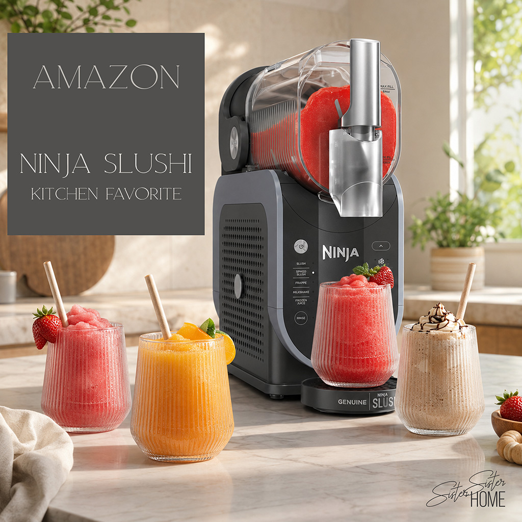 Ninja SLUSHi frozen drink machine styled in a bright kitchen with colorful frozen drinks, ribbed glasses, and natural sugarcane straws.