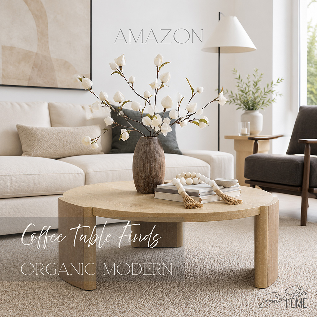 Organic modern coffee table styling with a round light wood coffee table, textured brown vase, white stems, neutral books, and bead garland in a bright living room.