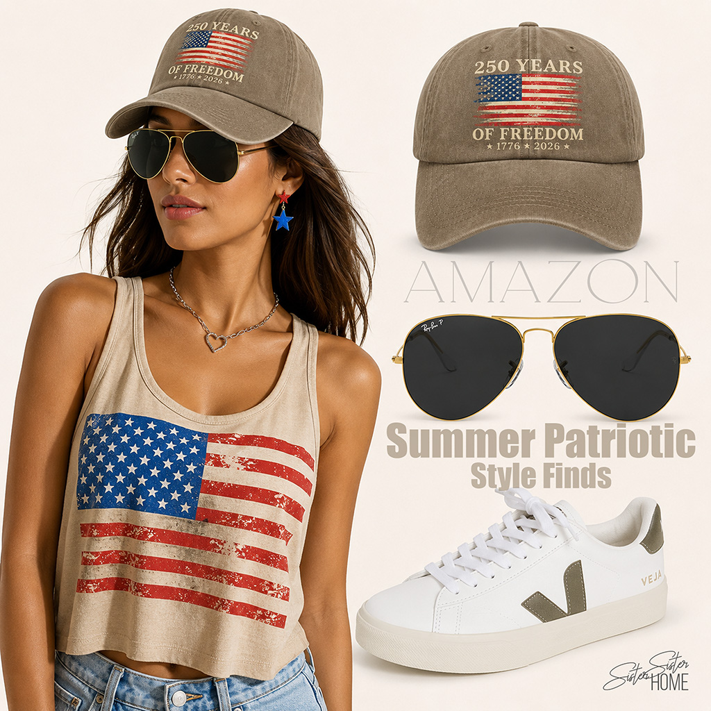 Summer patriotic style finds with a flag crop tank, 1776–2026 anniversary hat, Ray-Ban aviators, and white Veja sneakers.