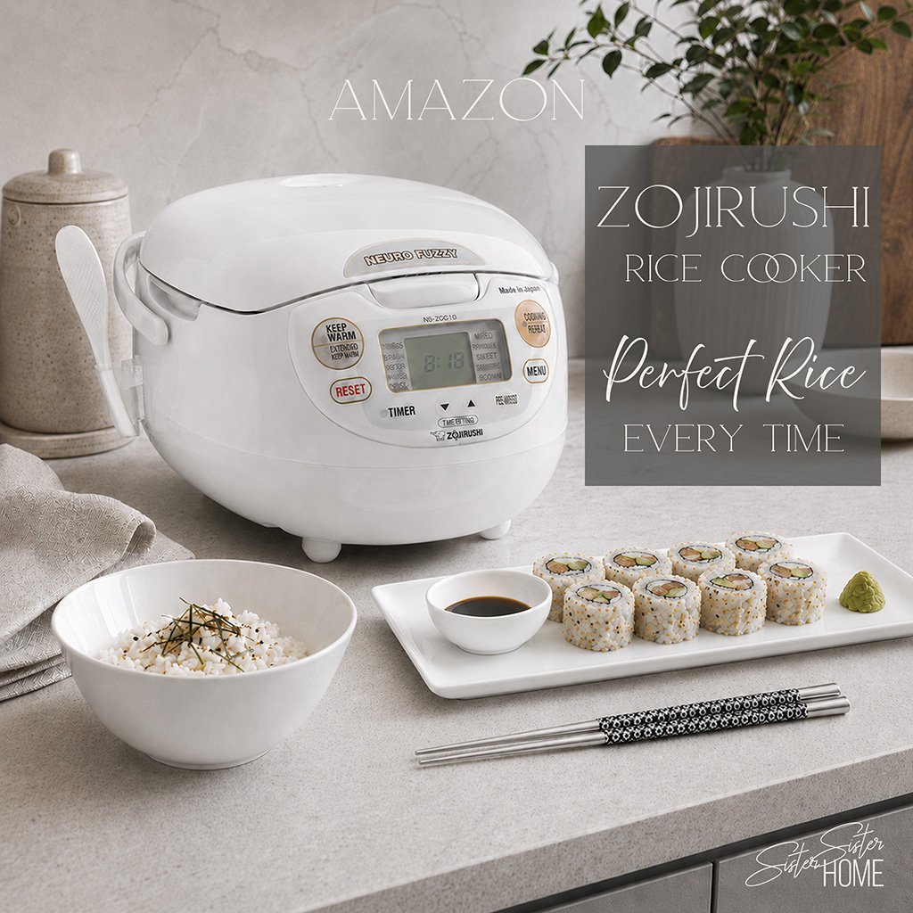 Zojirushi rice cooker styled in a modern kitchen with sushi, rice, soy sauce, wasabi, and chopsticks.