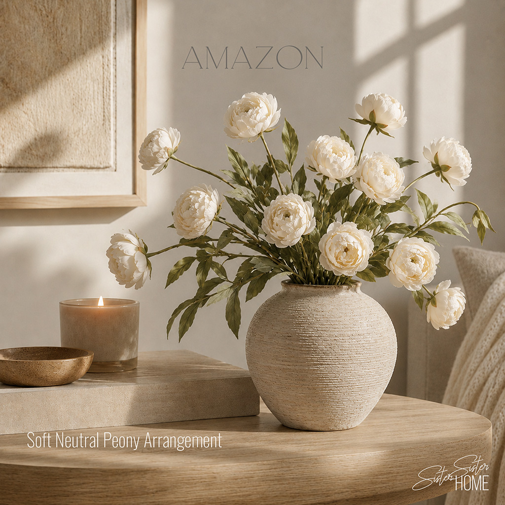 Soft neutral cream peony arrangement styled in a rustic ribbed vase beside a glowing candle on a warm wood table