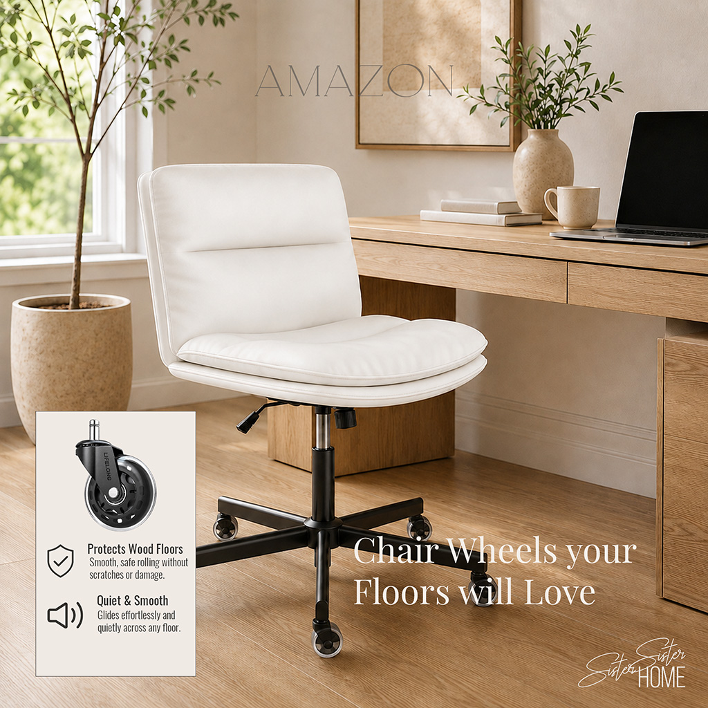 White armless office chair with protective rubber caster wheels styled in a warm organic modern home office