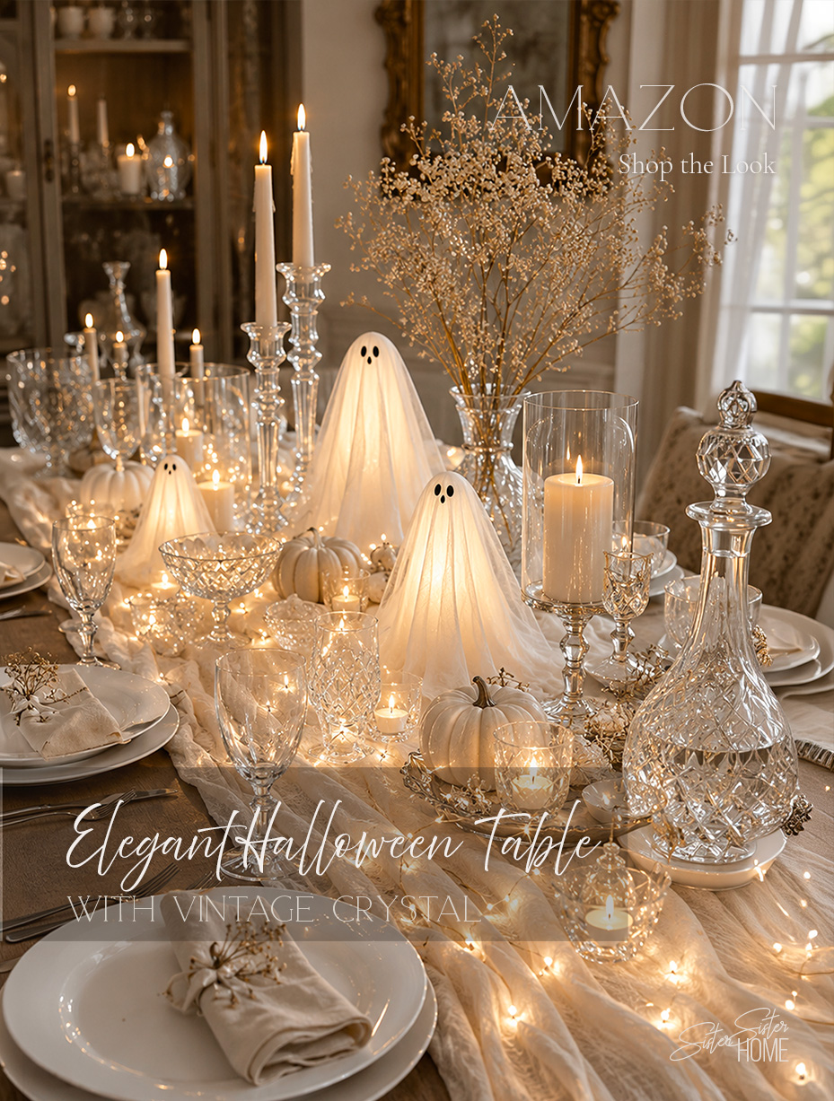 Elegant grown-up Halloween dining table styled with glowing ghost decorations, vintage crystal, ivory candles, white china, fairy lights, and a softly gathered gauze runner.