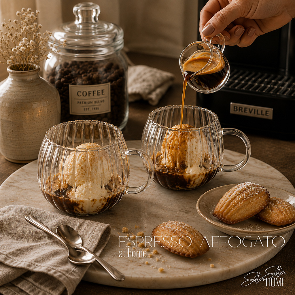 Espresso affogato at home styled with clear pumpkin glass mugs, espresso pourer, coffee bean jar, Breville espresso machine, and a beige travertine tray.