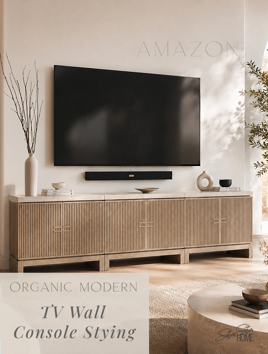 Organic modern TV wall with three greige fluted sideboards, large wall-mounted television, soundbar, and neutral console decor.