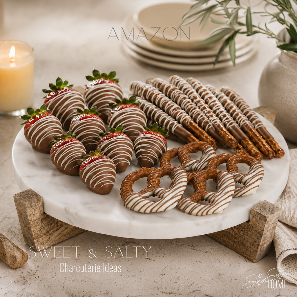 Sweet and salty charcuterie ideas featuring chocolate-covered strawberries, drizzled pretzel rods, and partially dipped pretzels on a round marble tray.