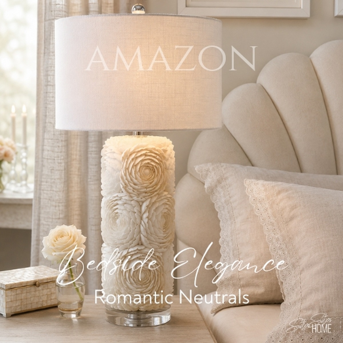 Romantic neutral bedroom featuring a cream seashell rosette table lamp, petal headboard, and natural linen lace pillow for elegant bedside styling.