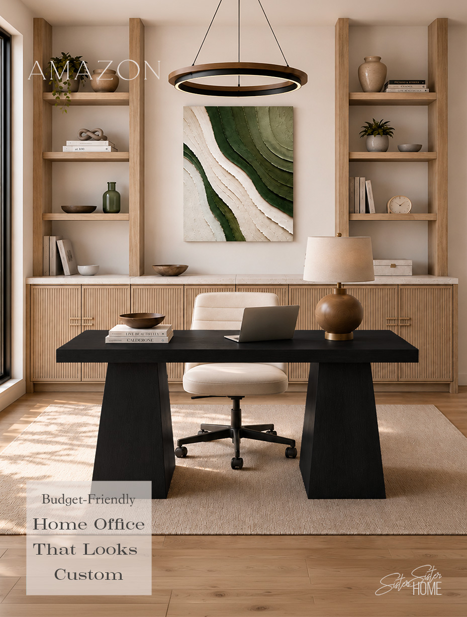 Affordable organic modern home office featuring a fluted greige sideboard with warm neutral styling.