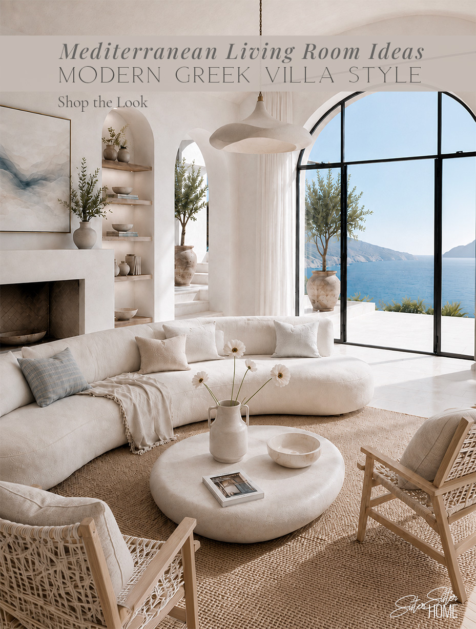 Mediterranean living room with modern Greek villa style, featuring white plaster arches, a curved cream sofa, woven wood chairs and a sea view.