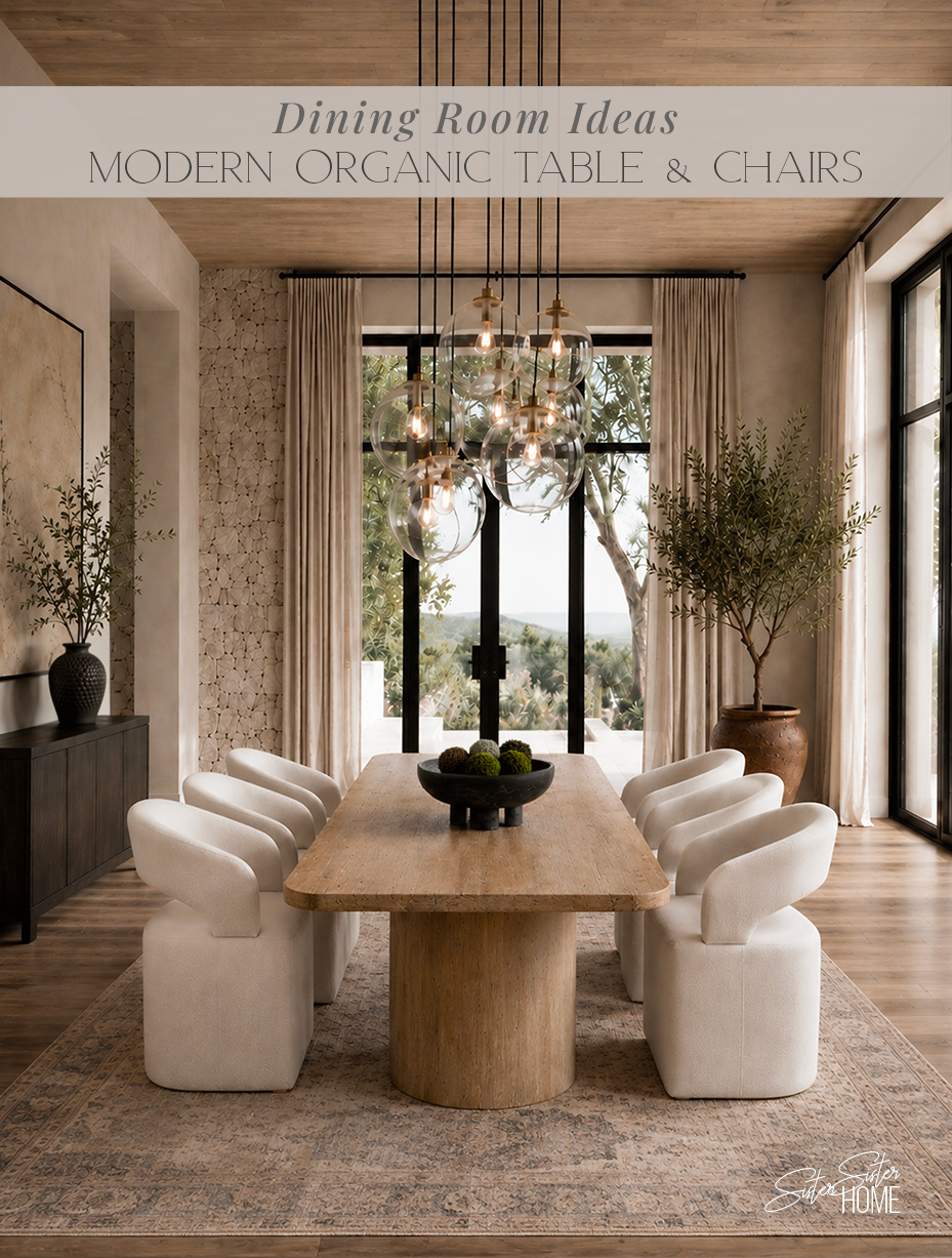 Modern organic dining room with reclaimed wood dining table, light linen chairs, neutral rug, black sideboard, and sculptural glass lighting