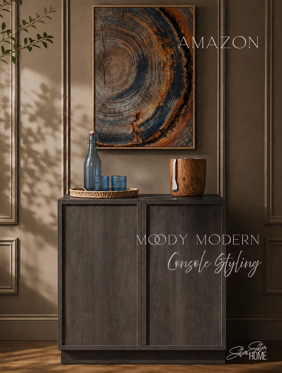 Moody modern black cabinet styled with blue glassware, woven tray, teakwood ice bucket and framed tree ring wall art
