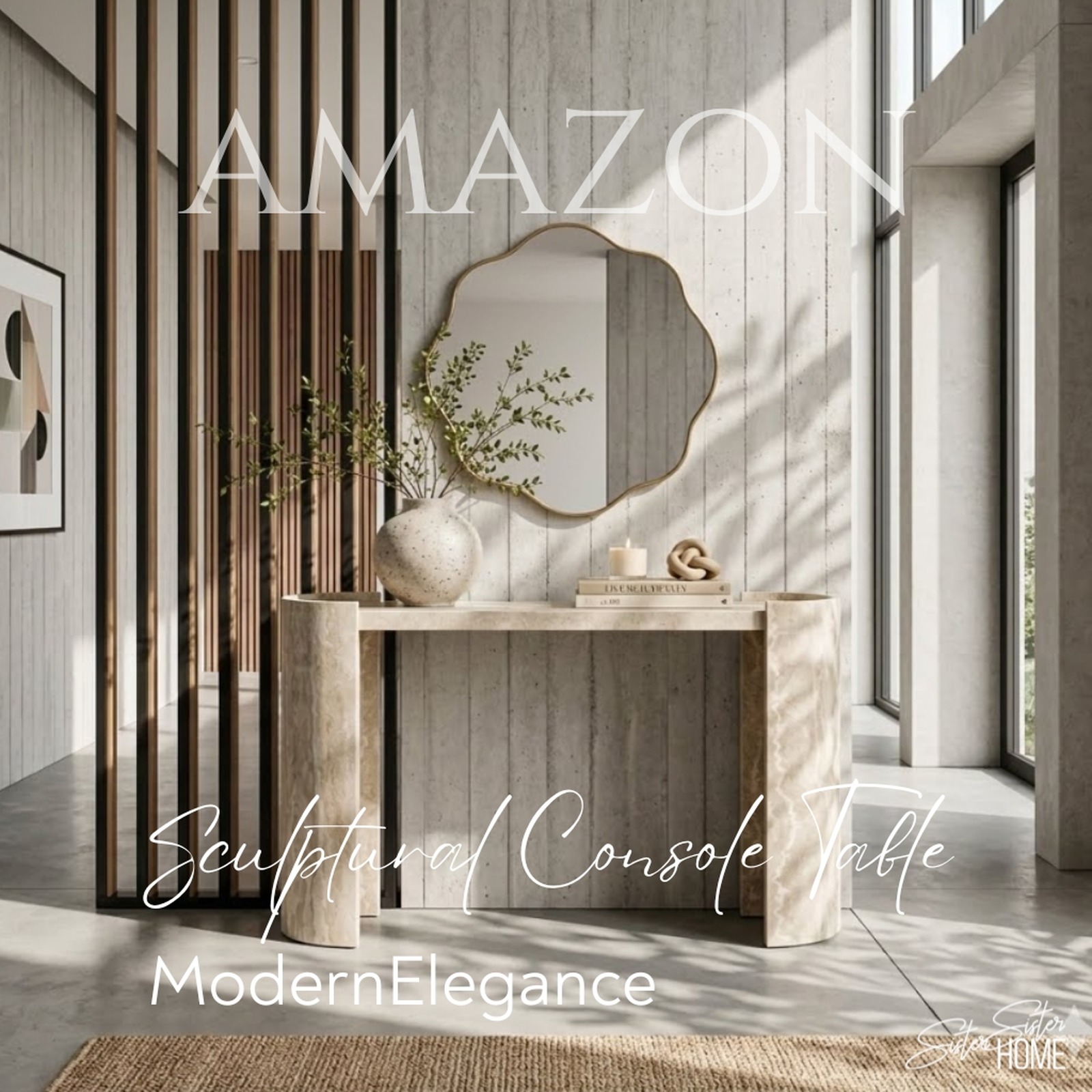 Sculptural beige console table styled with a wavy wall mirror and neutral decor in an elegant modern entryway.