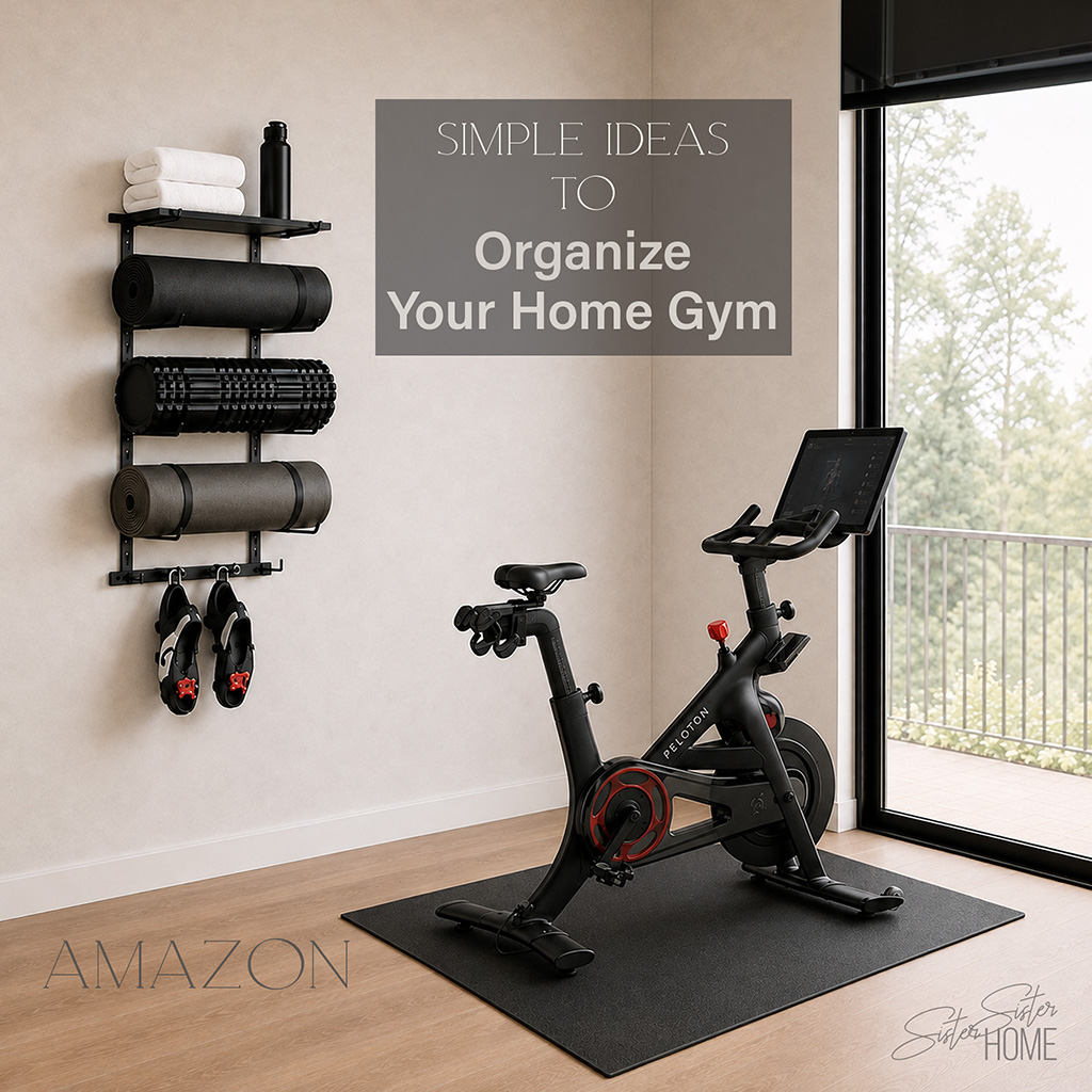 Organized home gym with a Peloton bike and wall-mounted storage holding exercise mats, a foam roller, towels and cycling shoes.