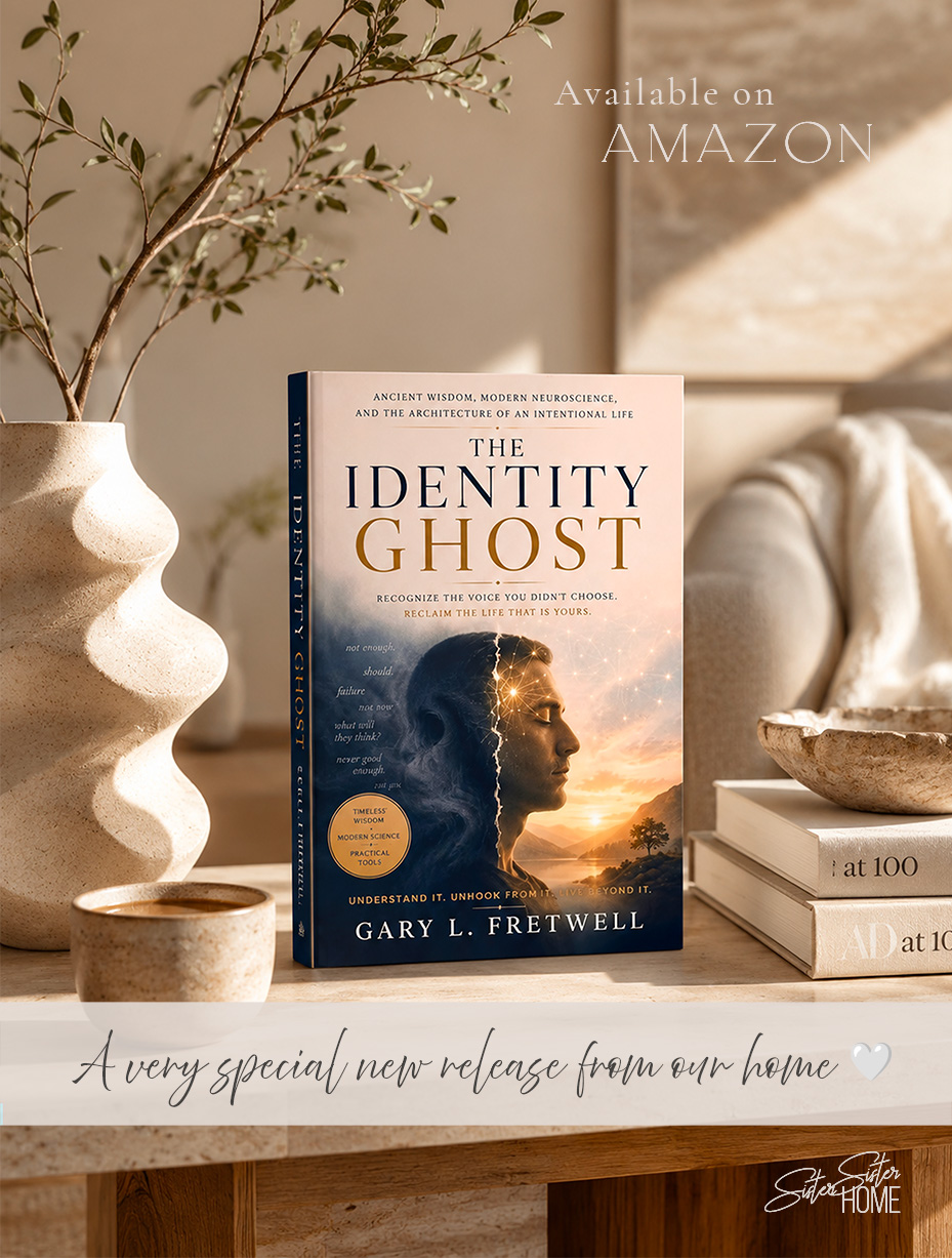 The Identity Ghost by Gary L. Fretwell styled in a warm organic-modern interior, highlighting a thoughtful book about identity, the inner voice, and intentional living