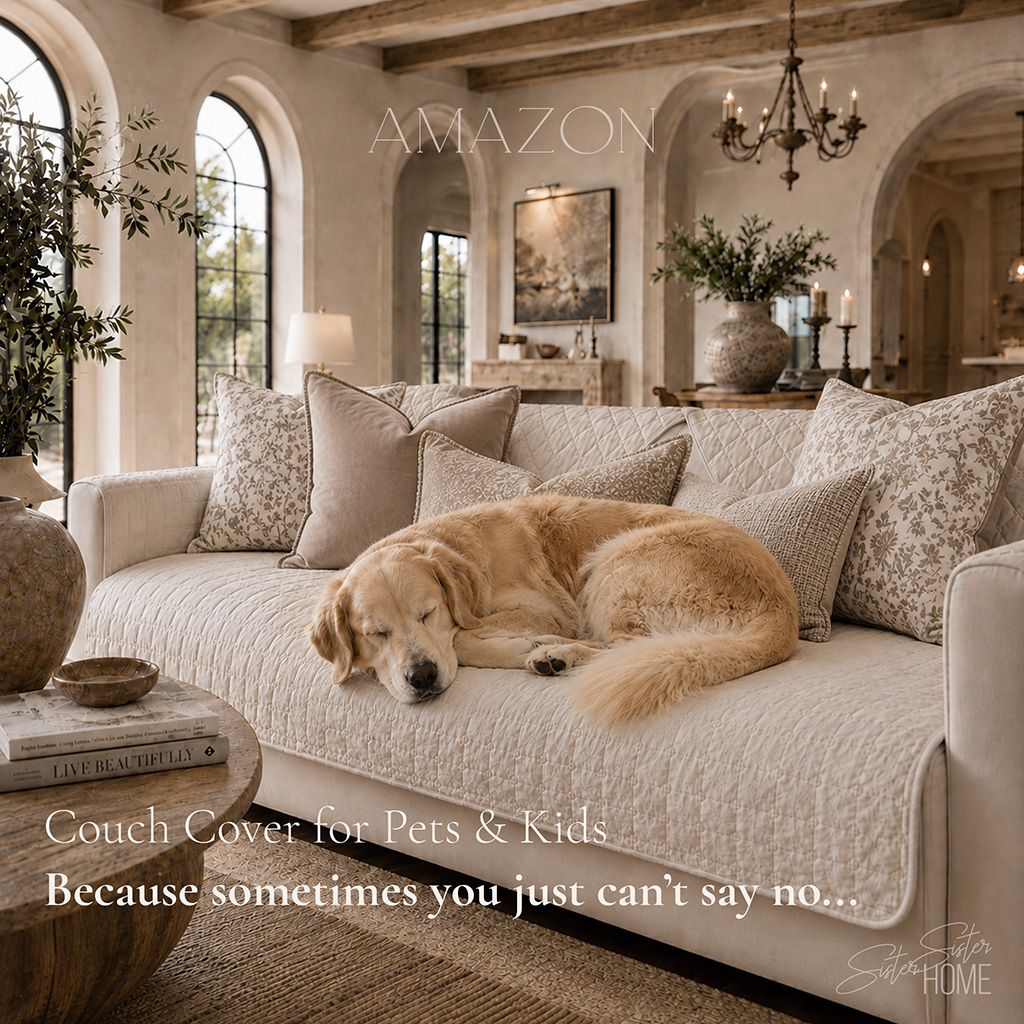 Golden Retriever curled up on a washable white couch cover in an elevated neutral living room.