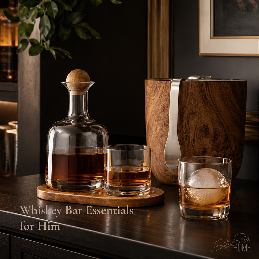 Moody whiskey bar styling with glass decanter, whiskey glasses, teakwood ice bucket, and large craft ice sphere.