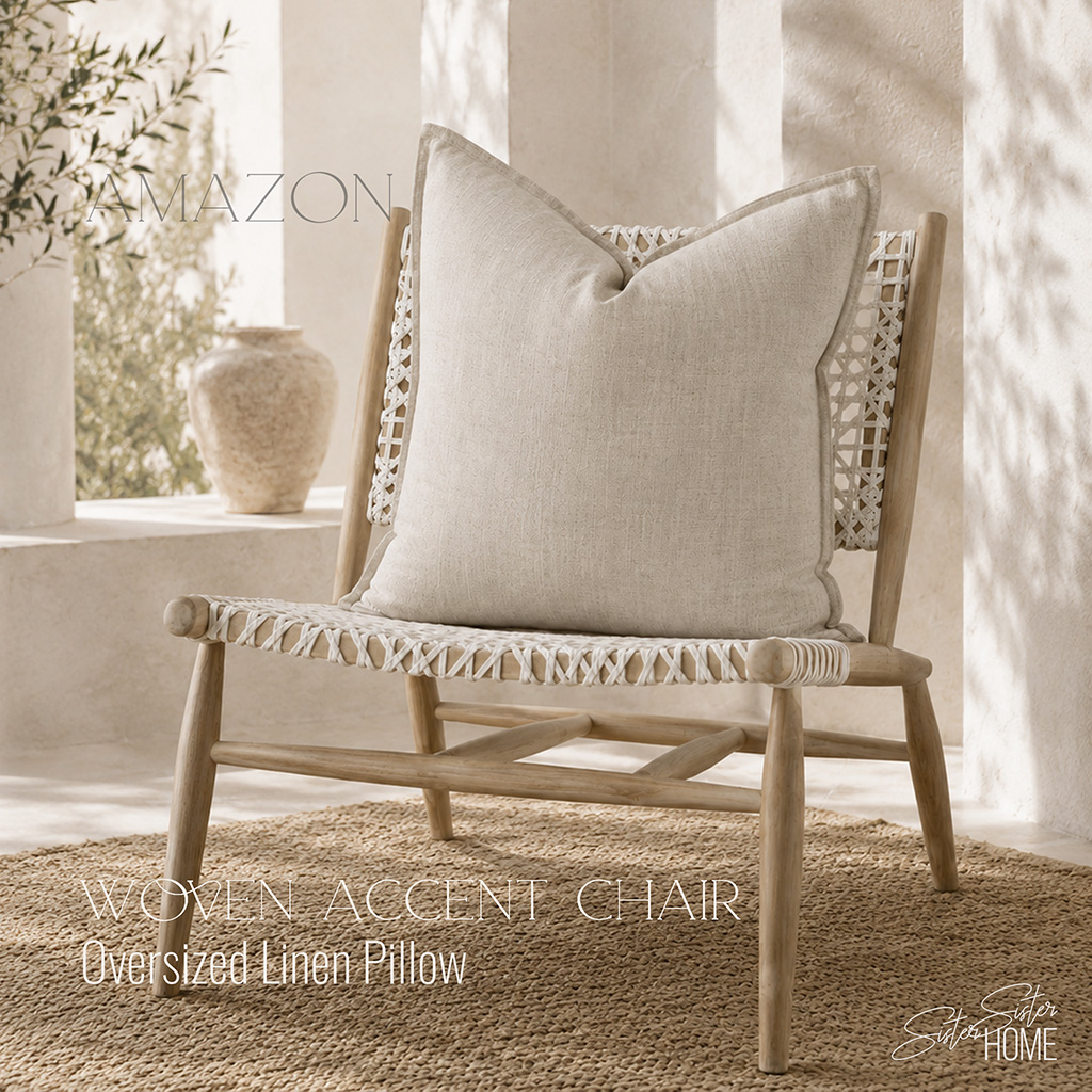 Light oak woven accent chair styled with an oversized natural linen pillow in a sunlit Mediterranean-inspired interior.