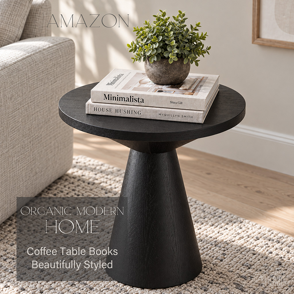 Black pedestal side table styled with neutral coffee table books and a potted green plant in an organic modern living room.