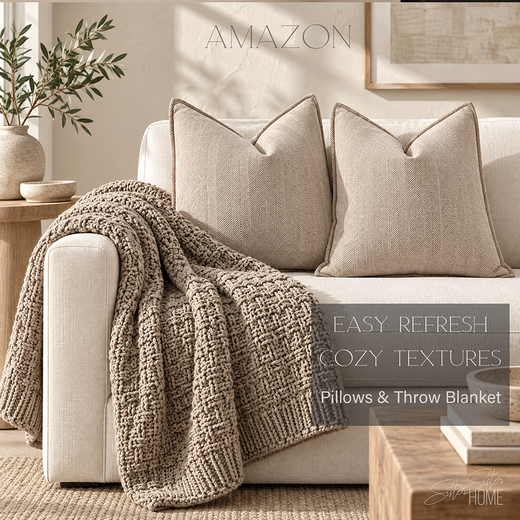 Ivory sofa styled with oversized beige chenille Euro pillows and a hearth taupe chunky knit throw blanket in a warm organic-modern living room.