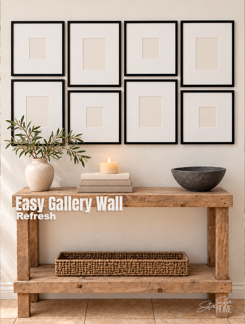 Eight black matted frames above a wood console styled with olive branches, an ivory vase, books, a candle, a dark bowl, and a woven tray.